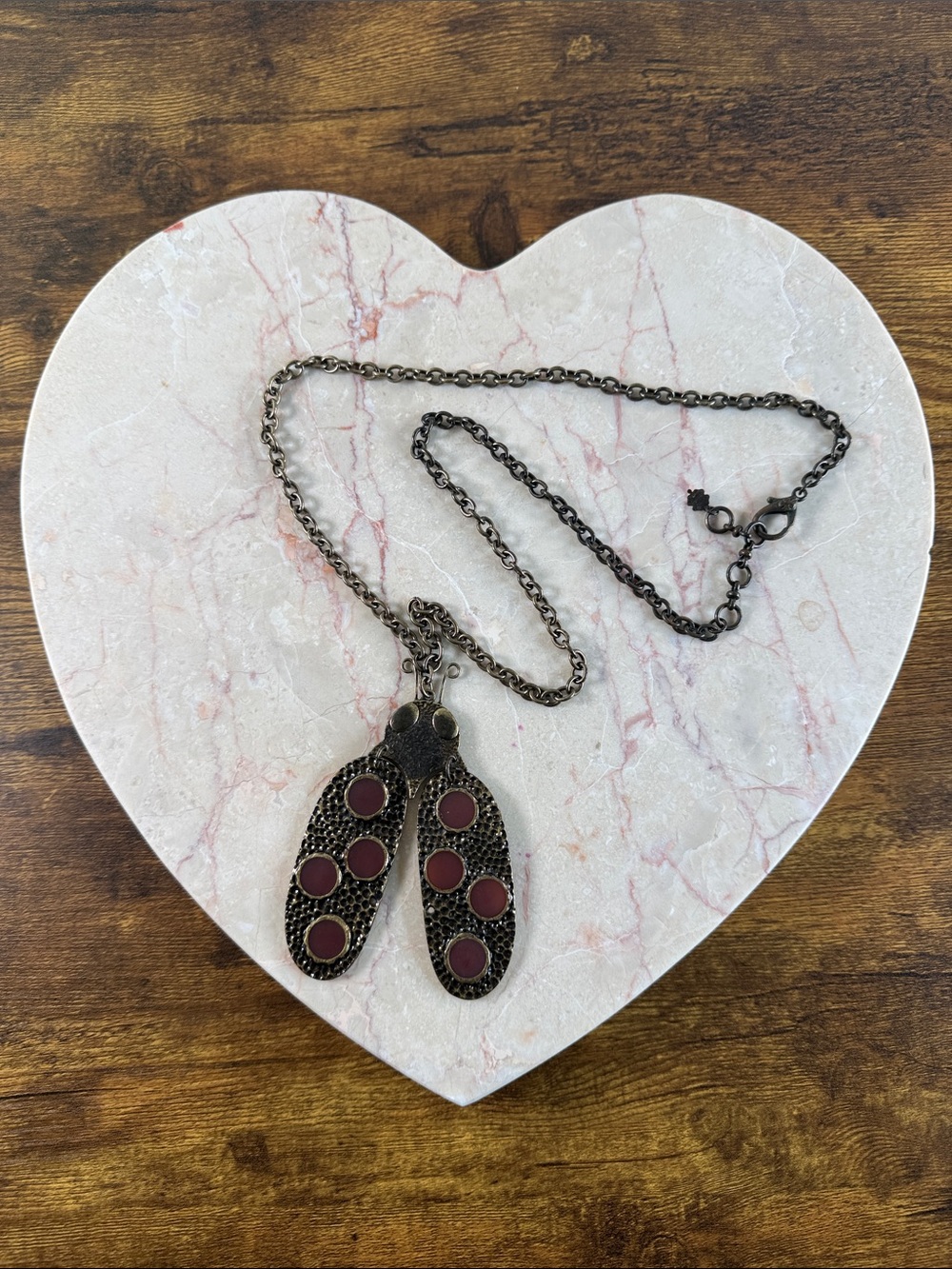 Antique-Finish Pendant Necklace with Maroon Accent Drops